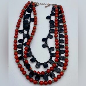 Jay King Necklace 4 Strand Coral Black Obsidian Bead Sterling Necklace
